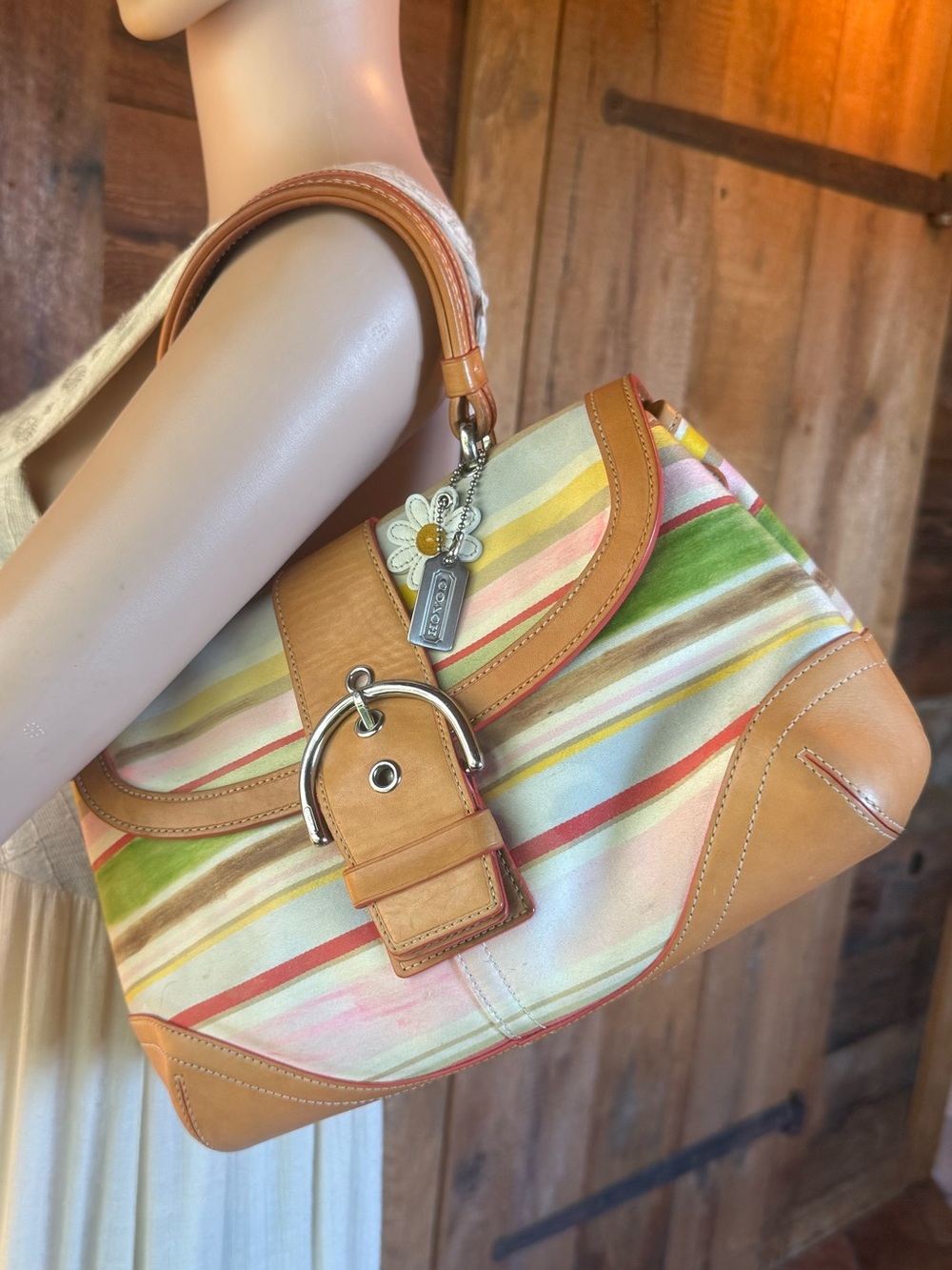 Coach daisy soho y2k striped Multicolor Canvas Shoulder Bag with Tan Leather